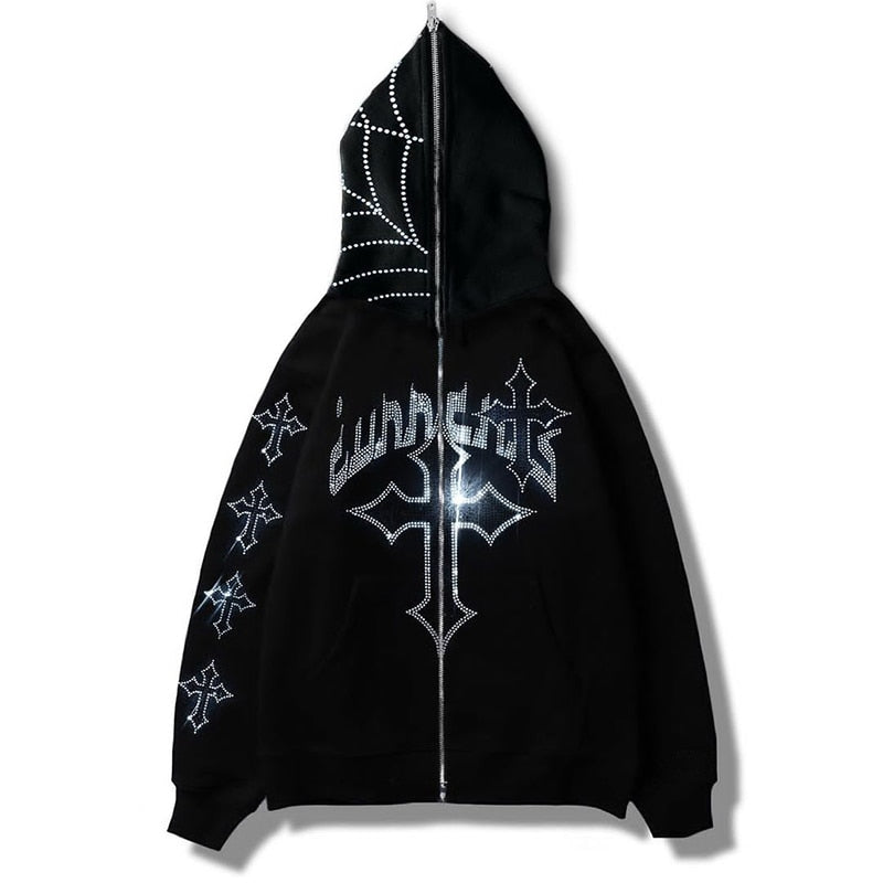 "Cross Rhinestones" - Zip Up Hoodie