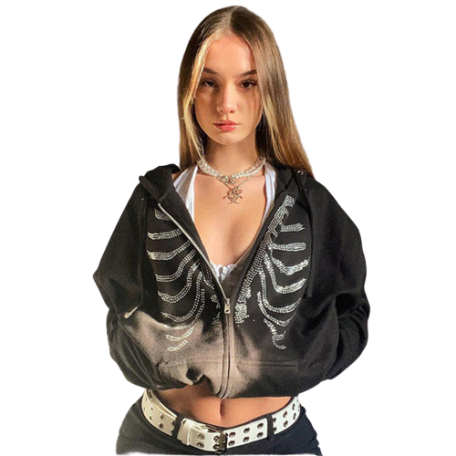 Skeletal Rhinestone Zip Hoodie