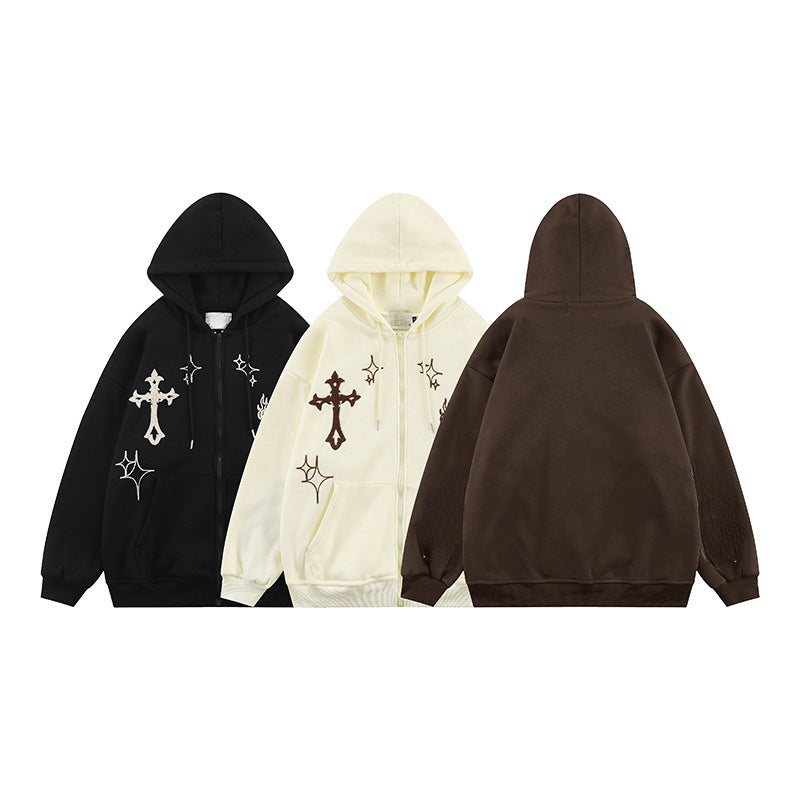 Embroidered "Cross" Zip Up Hoodie