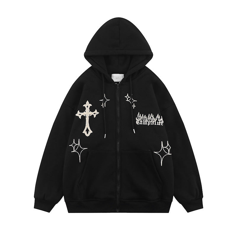 Embroidered "Cross" Zip Up Hoodie