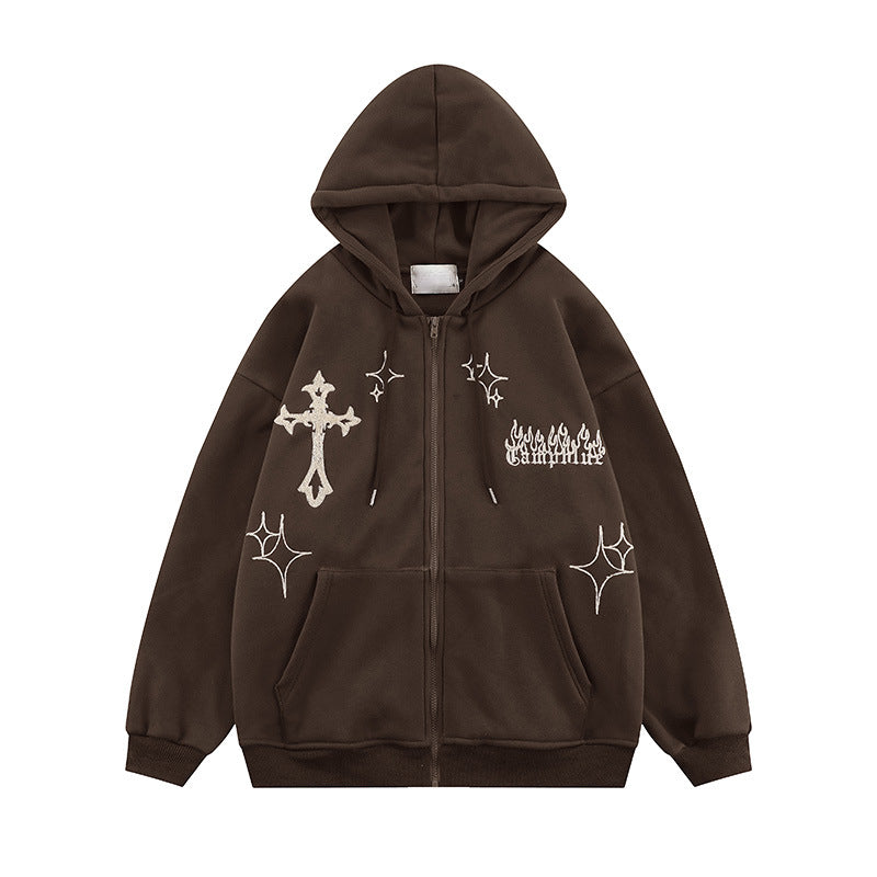 Embroidered "Cross" Zip Up Hoodie